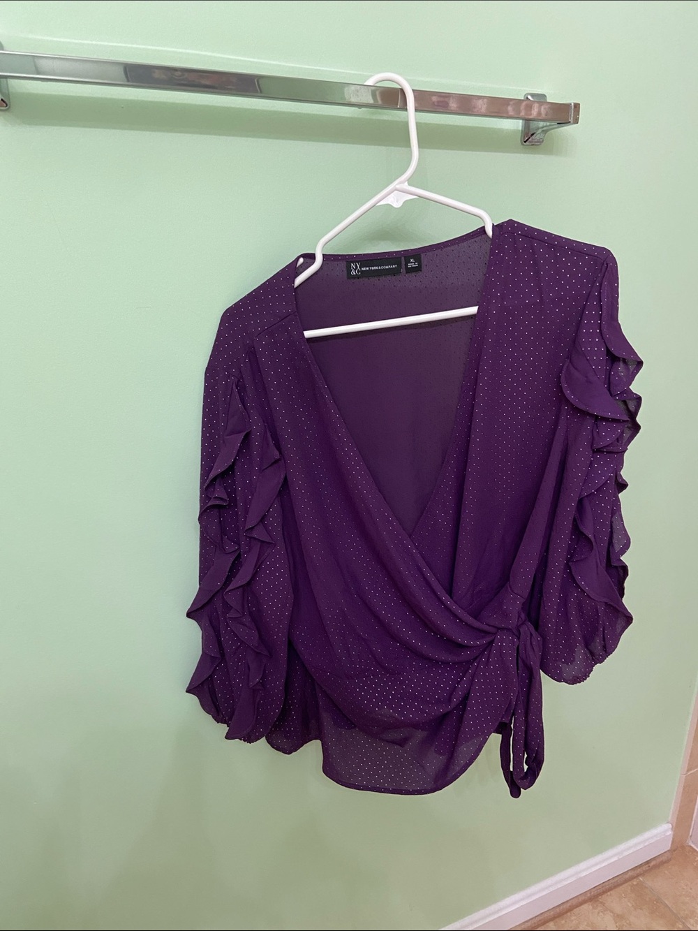 New York & Company Deep Purple Ruffle-Sleeve Wrap Blouse